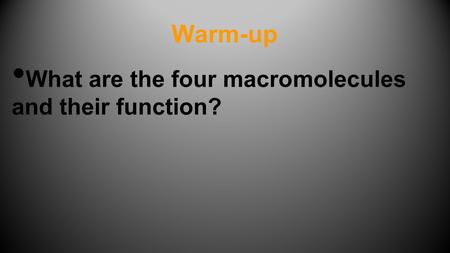 Warm-up What are the four macromolecules and their function?