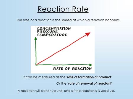 Reaction Rate The rate of a reaction is the speed at which a reaction happens It can be measured as the 'rate of formation of product' Or the ‘rate of.