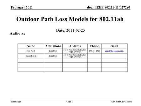 Doc.: IEEE 802.11-11/0272r0 Submission February 2011 Ron Porat, Broadcom Outdoor Path Loss Models for 802.11ah Date: 2011-02-25 Authors: Slide 1.