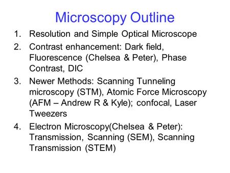 Microscopy Outline 1.Resolution and Simple Optical Microscope 2.Contrast enhancement: Dark field, Fluorescence (Chelsea & Peter), Phase Contrast, DIC 3.Newer.