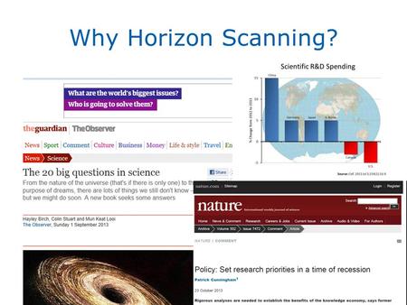 Why Horizon Scanning?. And, why now? -Other disciplines (e.g., conservation biology) have benefited from horizon scanning and prioritization -Environmental.