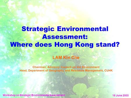 Strategic Environmental Assessment: Where does Hong Kong stand? LAM Kin Che Chairman, Advisory Council on the Environment Head, Department of Geography.