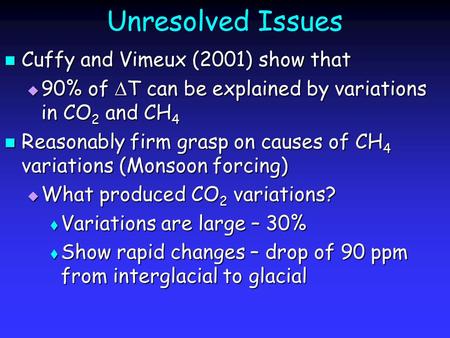 Unresolved Issues Cuffy and Vimeux (2001) show that Cuffy and Vimeux (2001) show that  90% of  T can be explained by variations in CO 2 and CH 4 Reasonably.