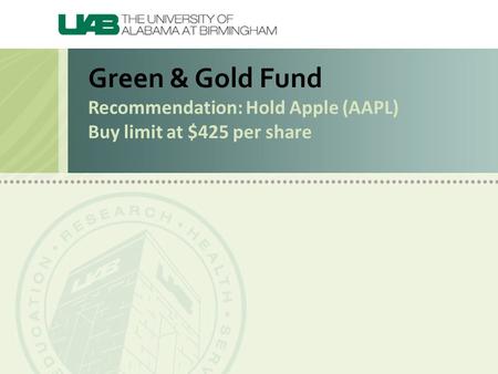 Green & Gold Fund Recommendation: Hold Apple (AAPL) Buy limit at $425 per share.