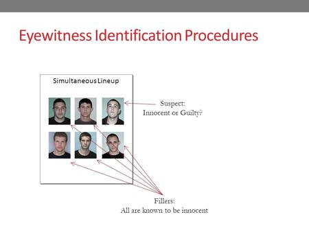 Eyewitness Identification Procedures Simultaneous Lineup Suspect: Innocent or Guilty? Fillers: All are known to be innocent.