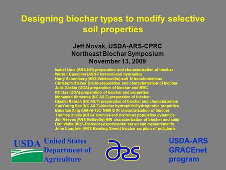 Designing biochar types to modify selective soil properties USDA United States Department of Agriculture USDA-ARS GRACEnet program Isabel Lima (ARS-NO)-preparation.