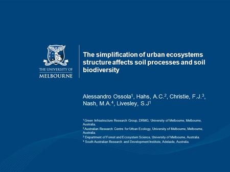 The simplification of urban ecosystems structure affects soil processes and soil biodiversity Alessandro Ossola 1, Hahs, A.C. 2, Christie, F.J. 3, Nash,