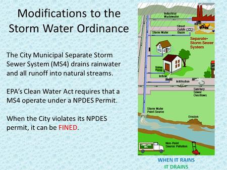 Modifications to the Storm Water Ordinance The City Municipal Separate Storm Sewer System (MS4) drains rainwater and all runoff into natural streams. EPA’s.
