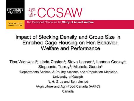 Impact of Stocking Density and Group Size in Enriched Cage Housing on Hen Behavior, Welfare and Performance Tina Widowski 1 ; Linda Caston 1 ; Steve Leeson.