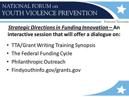 Strategic Directions in Funding Innovation – An interactive session that will offer a dialogue on: TTA/Grant Writing Training Synopsis The Federal Funding.