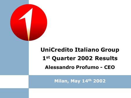 Milan, May 14 th 2002 1 st Quarter 2002 Results Alessandro Profumo - CEO UniCredito Italiano Group.
