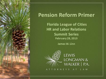 Pension Reform Primer Florida League of Cities HR and Labor Relations Summit Series February 28, 2013 James W. Linn.