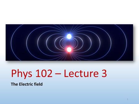 Phys 102 – Lecture 3 The Electric field 1. Today we will... Learn about the electric field Apply the superposition principle Ex: Dipole, line of charges,