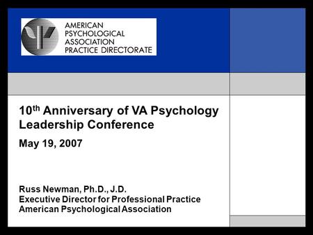 10 th Anniversary of VA Psychology Leadership Conference May 19, 2007 Russ Newman, Ph.D., J.D. Executive Director for Professional Practice American Psychological.