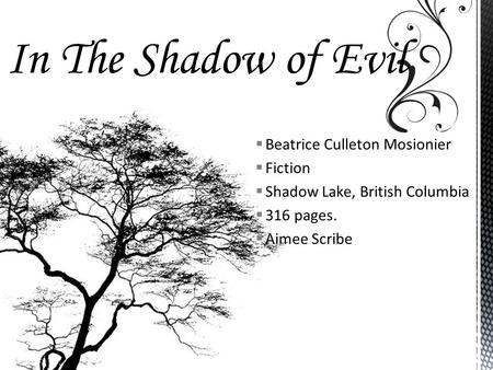  Beatrice Culleton Mosionier  Fiction  Shadow Lake, British Columbia  316 pages.  Aimee Scribe.