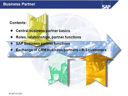  SAP AG 2002 Central business partner basics Roles, relationships, partner functions SAP business partner functions Exchange of CRM business partners.