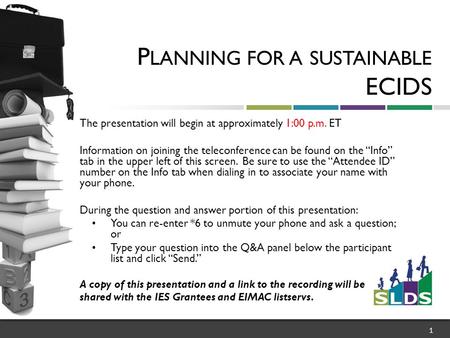 1 P LANNING FOR A SUSTAINABLE ECIDS The presentation will begin at approximately 1:00 p.m. ET Information on joining the teleconference can be found on.