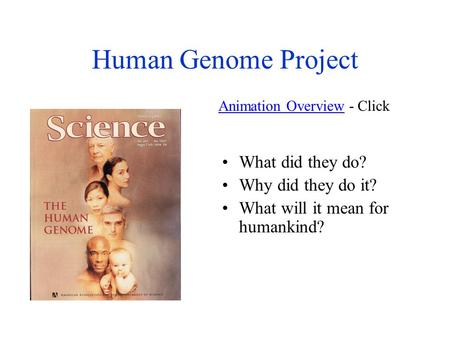Human Genome Project What did they do? Why did they do it? What will it mean for humankind? Animation OverviewAnimation Overview - Click.