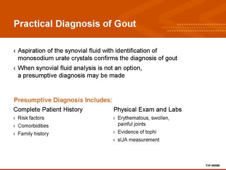 TXF-00099 Caveat on urate levels Serum uric acid level may be normal at the time of an acute attack. Normal level does not rule out gout. May be better.