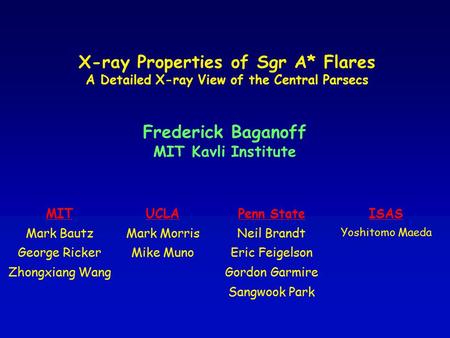X-ray Properties of Sgr A* Flares A Detailed X-ray View of the Central Parsecs Frederick Baganoff MIT Kavli Institute MIT Mark Bautz George Ricker Zhongxiang.