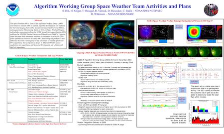 Algorithm Working Group Space Weather Team Activities and Plans S. Hill, H. Singer, T. Onsager, R. Viereck, D. Biesecker, C. Balch – NOAA/NWS/NCEP/SEC.