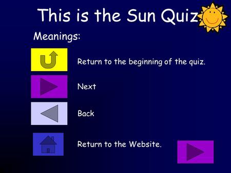 This is the Sun Quiz Return to the beginning of the quiz. Meanings: Next Back Return to the Website.