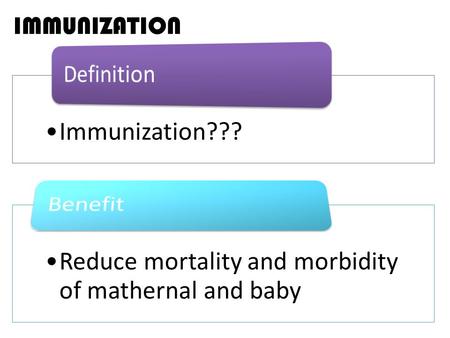 IMMUNIZATION Immunization??? Reduce mortality and morbidity of mathernal and baby.