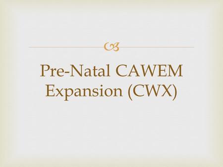  Pre-Natal CAWEM Expansion (CWX).   Overview of Pre-natal CAWEM Expansion Program  “CAWEM Plus” benefit package  Eligibility  CM system coding &