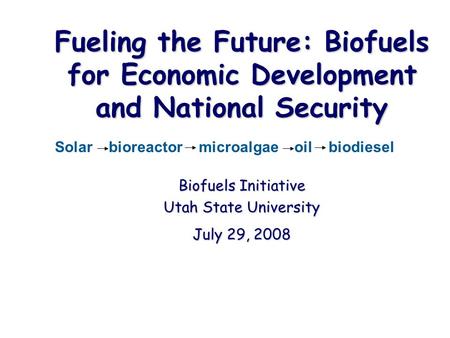 Fueling the Future: Biofuels for Economic Development and National Security Biofuels Initiative Utah State University July 29, 2008 Solar bioreactor microalgae.