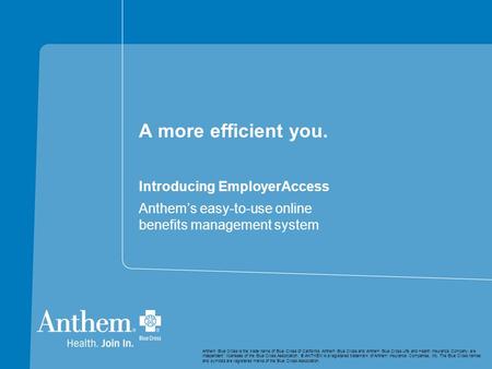 A more efficient you. Introducing EmployerAccess Anthem’s easy-to-use online benefits management system Anthem Blue Cross is the trade name of Blue Cross.