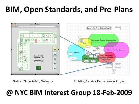 BIM, Open Standards, and Pre-Plans Golden Gate Safety Network Building Service Performance NYC BIM Interest Group 18-Feb-2009.