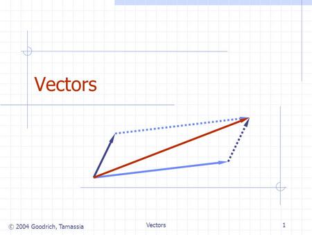 © 2004 Goodrich, Tamassia Vectors1. © 2004 Goodrich, Tamassia Vectors2 The Vector ADT (“Vector” = “Array List” in §6.1) The Vector ADT extends the notion.
