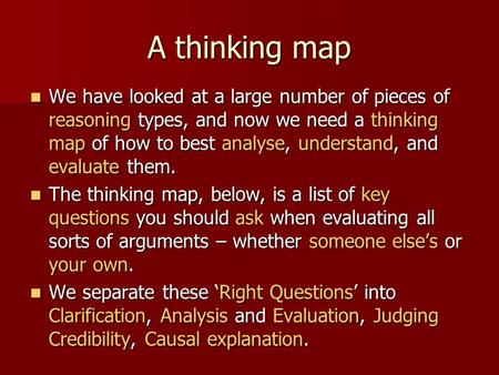 A thinking map We have looked at a large number of pieces of reasoning types, and now we need a thinking map of how to best analyse, understand, and evaluate.