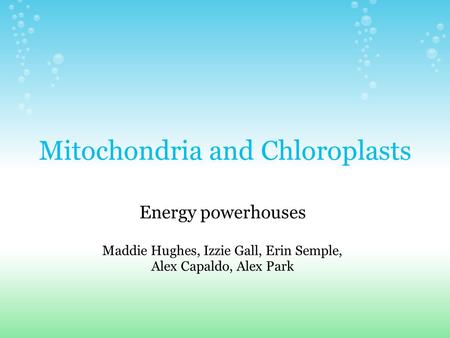 Mitochondria and Chloroplasts Energy powerhouses Maddie Hughes, Izzie Gall, Erin Semple, Alex Capaldo, Alex Park.