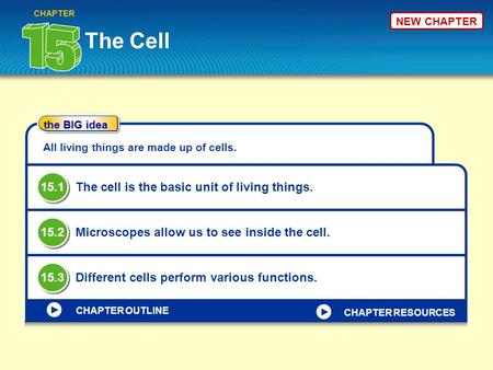 The BIG idea CHAPTER OUTLINE NEW CHAPTER The Cell CHAPTER All living things are made up of cells. The cell is the basic unit of living things. Microscopes.