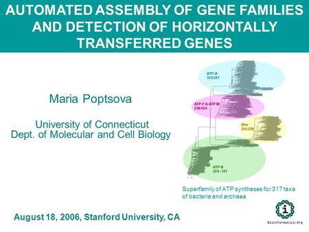 Maria Poptsova University of Connecticut Dept. of Molecular and Cell Biology August 18, 2006, Stanford University, CA AUTOMATED ASSEMBLY OF GENE FAMILIES.