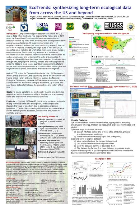EcoTrends: synthesizing long-term ecological data from across the US and beyond Project Leader: Debra Peters, USDA ARS, Jornada Experimental Range, Jornada.