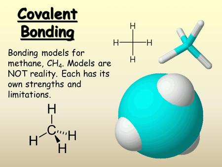 Covalent Bonding Bonding models for methane, CH 4. Models are NOT reality. Each has its own strengths and limitations.