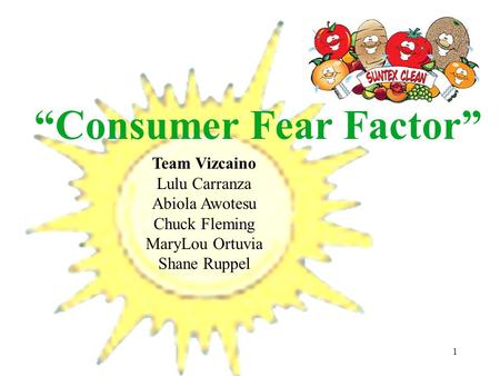 1 “Consumer Fear Factor” Team Vizcaino Lulu Carranza Abiola Awotesu Chuck Fleming MaryLou Ortuvia Shane Ruppel.