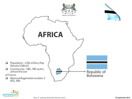  Population – 2.06 million; Pop Density 3.6Km/2  Country size – 581, 780 sq km, almost the size of France.  National Registration to date :2 655, 390.