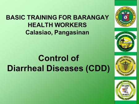 Control of Diarrheal Diseases (CDD) BASIC TRAINING FOR BARANGAY HEALTH WORKERS Calasiao, Pangasinan.