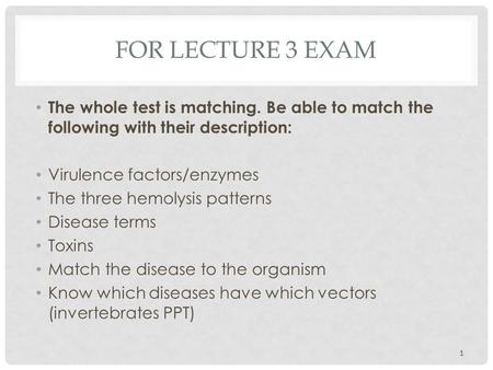 For Lecture 3 Exam The whole test is matching. Be able to match the following with their description: Virulence factors/enzymes The three hemolysis patterns.