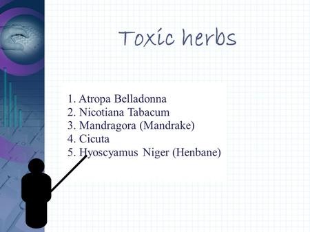 Toxic herbs 1. Atropa Belladonna‏ 2. Nicotiana Tabacum 3. Mandragora (Mandrake)‏ 4. Cicuta 5. Hyoscyamus Niger (Henbane)‏