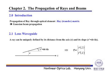 Nonlinear Optics Lab. Hanyang Univ. Chapter 2. The Propagation of Rays and Beams 2.0 Introduction Propagation of Ray through optical element : Ray (transfer)