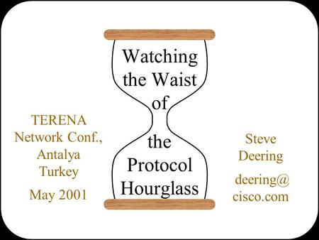 Watching the Waist of the Protocol Hourglass Steve Deering cisco.com TERENA Network Conf., Antalya Turkey May 2001.
