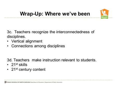 Wrap-Up: Where we’ve been 3c. Teachers recognize the interconnectedness of disciplines. Vertical alignment Connections among disciplines 3d. Teachers make.