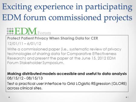 Exciting experience in participating EDM forum commissioned projects Protect Patient Privacy When Sharing Data for CER 12/01/11 – 6/01/12 Write a commissioned.