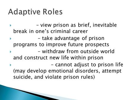  – view prison as brief, inevitable break in one’s criminal career  – take advantage of prison programs to improve future prospects  – withdraw from.