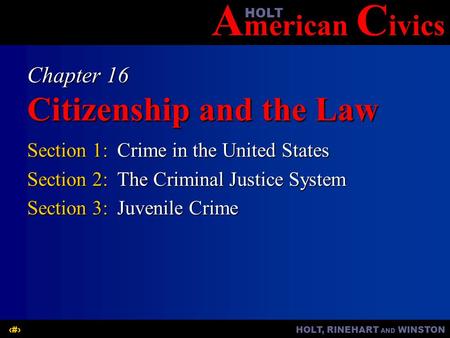 A merican C ivicsHOLT HOLT, RINEHART AND WINSTON1 Chapter 16 Citizenship and the Law Section 1:Crime in the United States Section 2:The Criminal Justice.