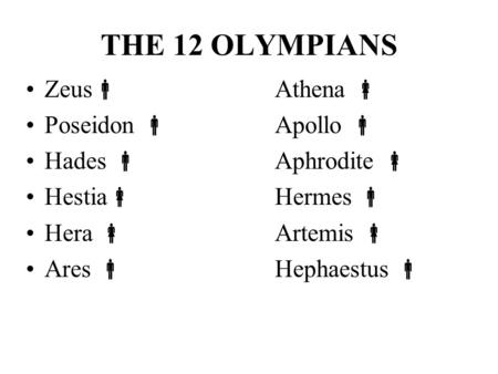 THE 12 OLYMPIANS Zeus Athena  Poseidon  Apollo 